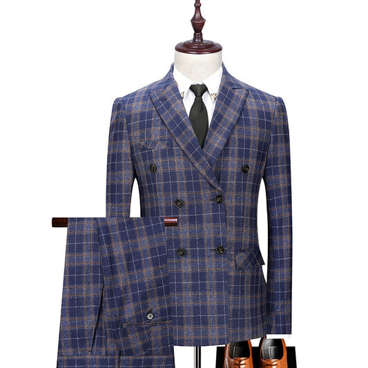 Men's Double Breasted Plaid Business Suit