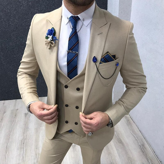 Slim fit Cream Men Suits 3 piece for Wedding Man Clothes Peaked Lapel Groom Tuxedos Set Jacket with Pants Vest