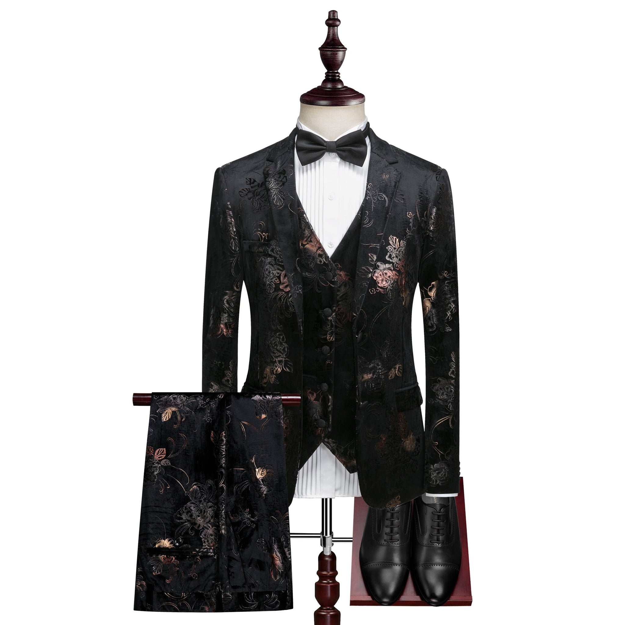 Men's Black Velvet Print Suit Set