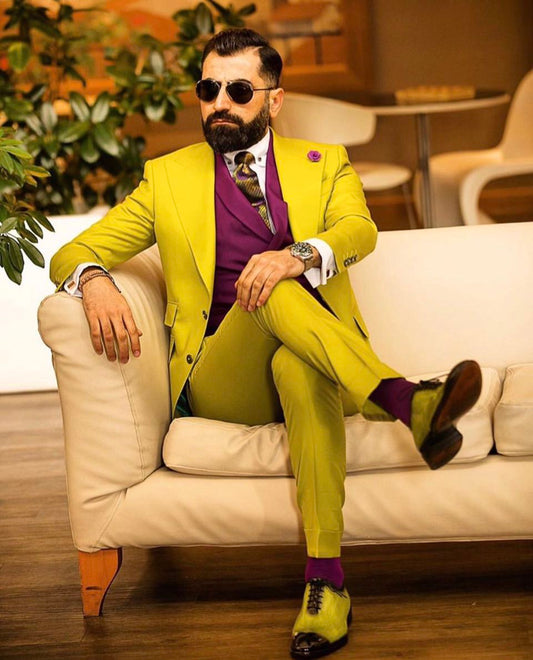 Yellow Men Suits With Purple Vest Costume Homme Slim Fit Tuxedo Wedding Groom Terno Blazer 3 Pieces