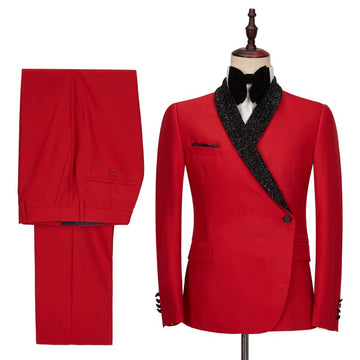 Men's Red Black Beveled One Button Suit Set