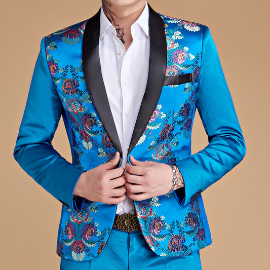 Men's Blue Stage Banquet Solid Color Suit Coat Slim 2 Pieces Blazers Jacket Pants Trousers