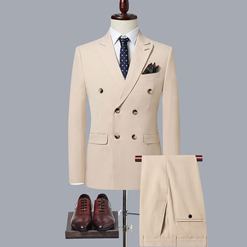 Men's Casual Boutique Double Breasted Solid Color Business Suit Jacket Trousers Pants 2 Pcs Set Blazers Coat