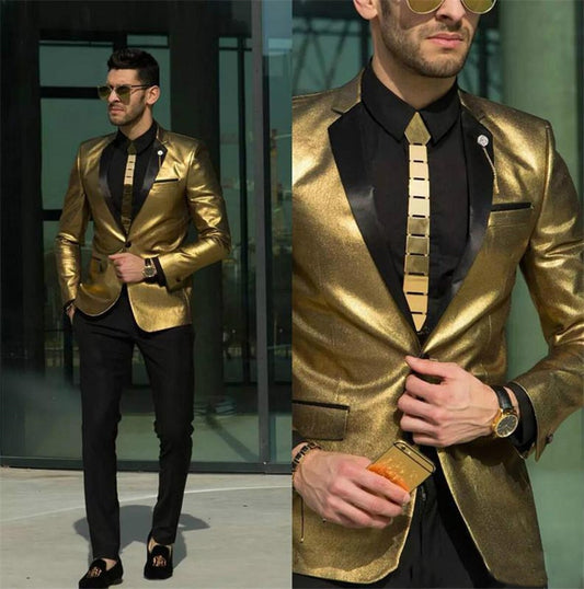 Shining Gold Wedding Suits Tuxedos Slim Fit Bridegroom Wear Best Men Suits Custom Made(Jacket+Pant)