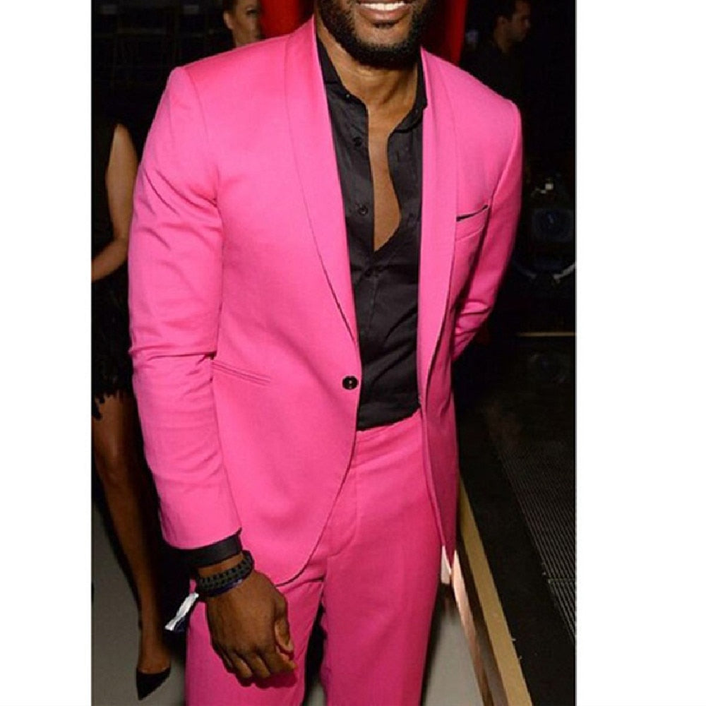 Hot Pink Shawl Lapel Casual Men Suit 2 Pieces(Jacket+Pants+Tie) Slim Party Blazer Celebrity Prom Tuxedo Terno Masculino