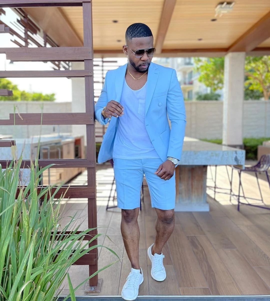 Trajes de hombre azul claro, esmoquin para novio, traje de boda, traje de padrino de boda, 2 piezas, blazer ajustado con pantalones cortos
