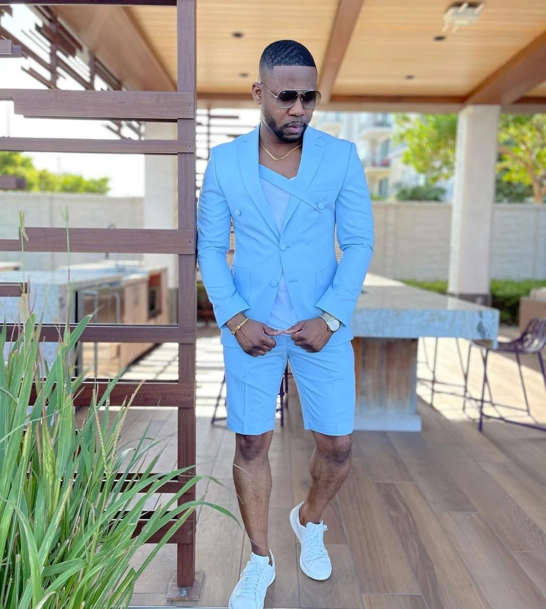 Trajes de hombre azul claro, esmoquin para novio, traje de boda, traje de padrino de boda, 2 piezas, blazer ajustado con pantalones cortos