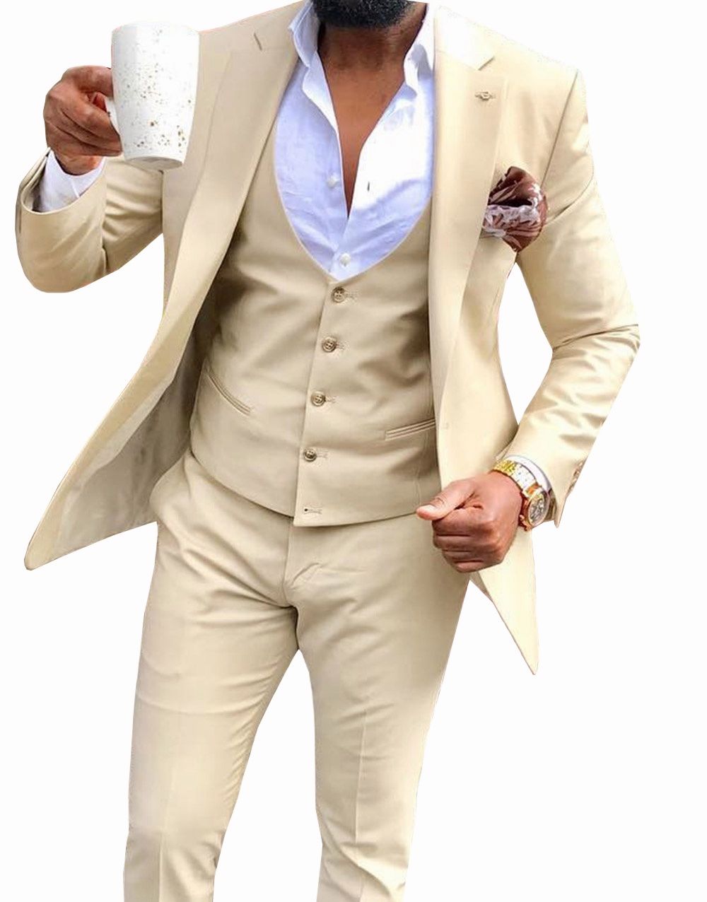 Men's 3 Pieces Champagne Suit Formal Business Notch Lapel Silm Fit Tuxedo Groomsmen For Wedding (Blazer+Vest+Pants)