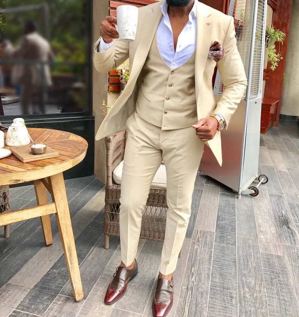 Men's 3 Pieces Champagne Suit Formal Business Notch Lapel Silm Fit Tuxedo Groomsmen For Wedding (Blazer+Vest+Pants)