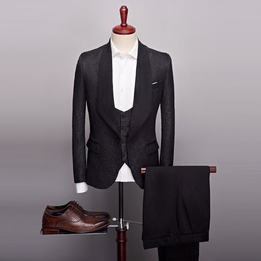 Traje informal de negocios para hombre, estilo boutique, con cuello negro grande, blazer, chaqueta, pantalón y chaleco con estampado oscuro de jacquard, conjunto de 3 piezas 