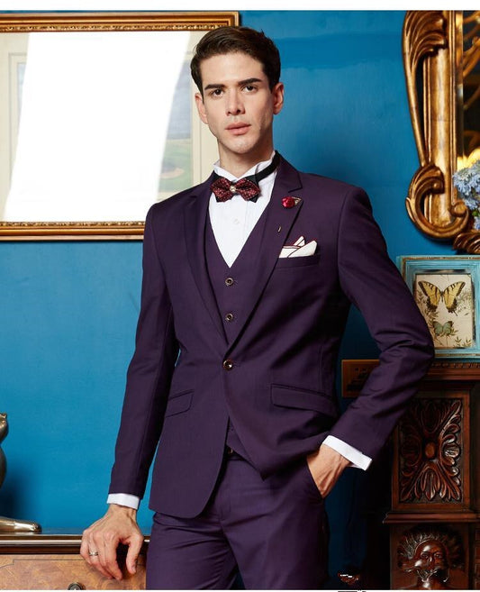 New Purple Men Suit Wedding Tuxedos Groom dress Notch Lapel One Button Men Blazer Terno  3 Pcs(Jacket+Pants+Vest)