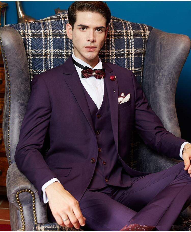 New Purple Men Suit Wedding Tuxedos Groom dress Notch Lapel One Button Men Blazer Terno  3 Pcs(Jacket+Pants+Vest)