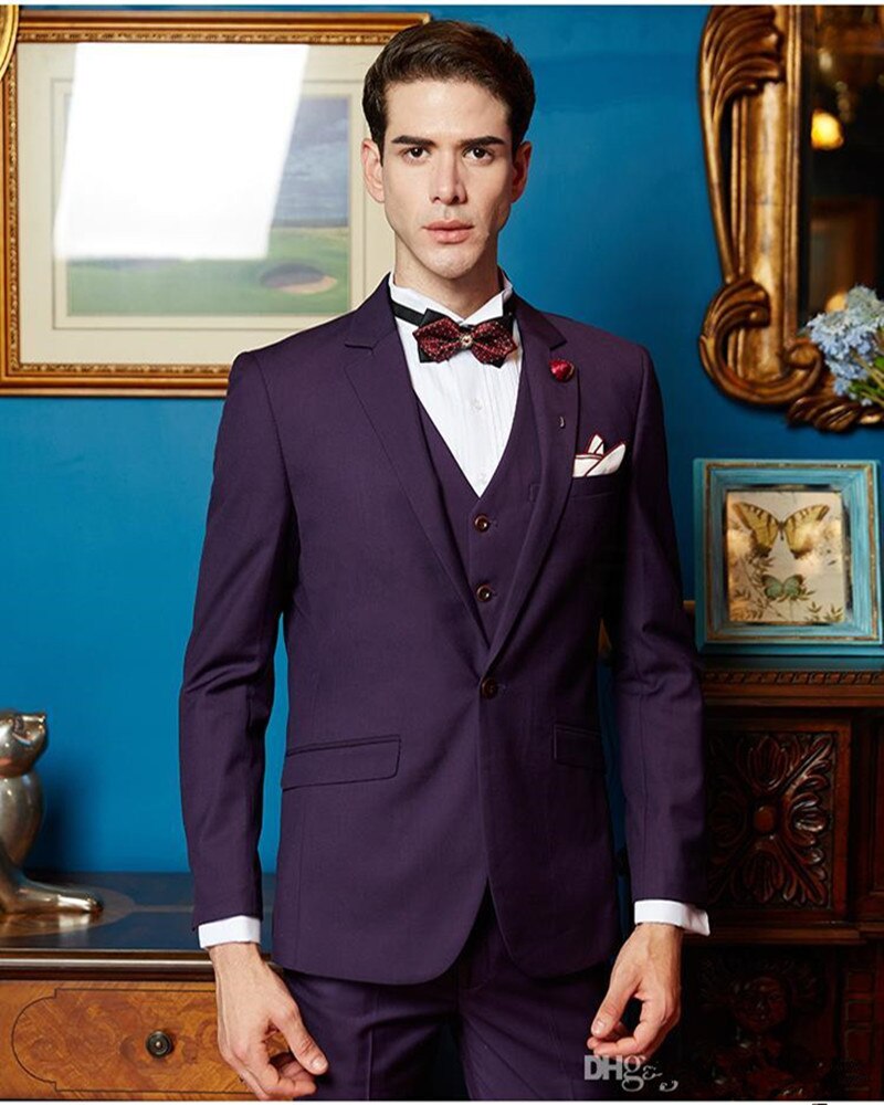 New Purple Men Suit Wedding Tuxedos Groom dress Notch Lapel One Button Men Blazer Terno  3 Pcs(Jacket+Pants+Vest)