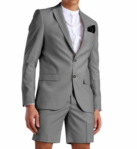 Traje gris para hombre, pantalón corto, informal, de verano, dos piezas, esmoquin, para novio, vestido de boda en la playa (blazer + pantalón)