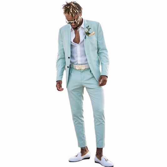 Peaked Lapel Sky Blue  Men Suits Slim Fit Two Pieces Beach Men Groomsmen Wedding Tuxedos Formal Prom Suit (Jacket+Pants)