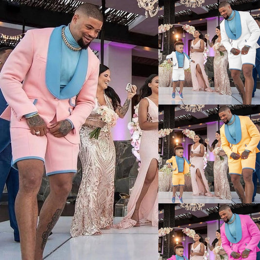 Pink Men's Suit Groom Dance Short Pants Tuxedos 2 Piece Best Beach Wedding Best Man Blazer Father And Son Suit Set