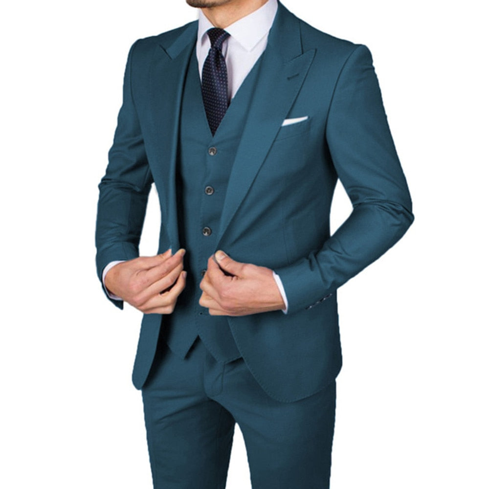 Slim Fit Men Suit Wide Peak Lapel 3 Peices Groom Wedding Suits Fomal Business Custome Made