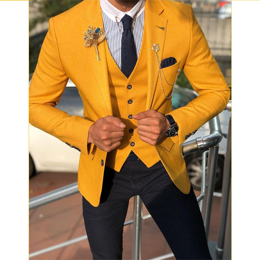 Slim Fit Suits Men's Business Suits Yellow One Button Bridegroom Men 3 Pieces(Jacket+Pant+Vest)