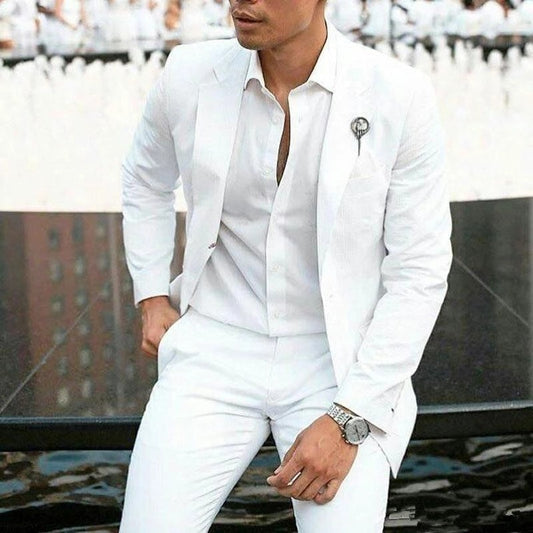 Summer White Linen Groom Tuxedos Suits For Wedding 2 Piece Men Blazers Costume Homme Slim Fit Jacket+Pants