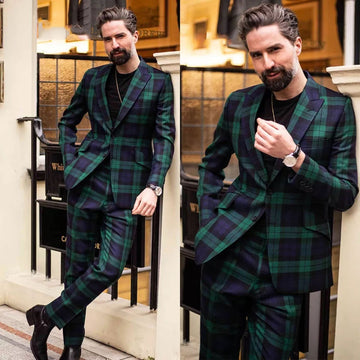 Green Plaid Check Men's Suits Peak Lapel Slim Fit Business 2 Pcs Casual Tuxedos Modern Slim Fit Suit For Wedding Party
