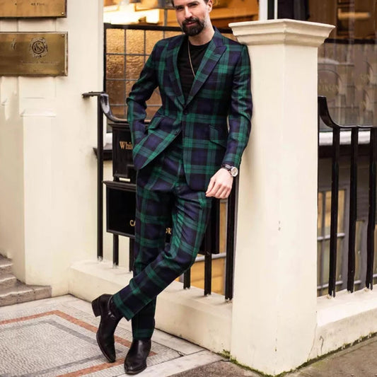 Green Plaid Check Men's Suits Peak Lapel Slim Fit Business 2 Pcs Casual Tuxedos Modern Slim Fit Suit For Wedding Party