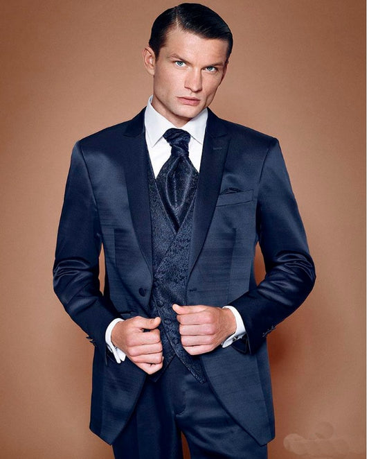 Groomsmen Peak Lapel Groom Tuxedos Shiny Navy Blue Men Suits Wedding Best Man Blazer 3 Pcs (Jacket+Pants+Vest)