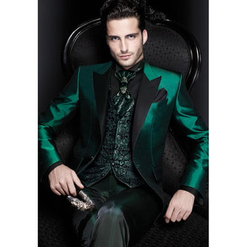Italian Green Men Suits Satin Slim Fit Formal Groom Prom Dress Tuxedos 3 Pieces Set Jacket+Pants+Vest