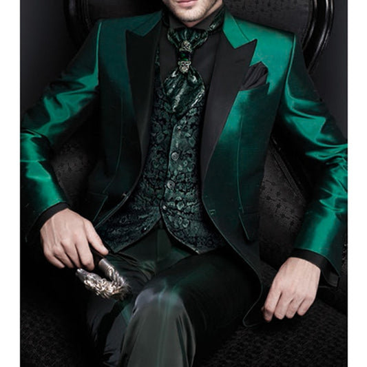 Italian Green Men Suits Satin Slim Fit Formal Groom Prom Dress Tuxedos 3 Pieces Set Jacket+Pants+Vest