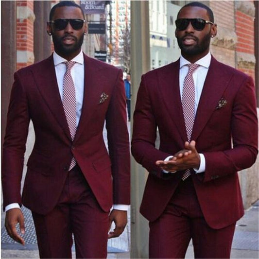 Wine Red Men Suits 2Pieces(Jacket Pant Tie) Slim Fit Blazer Formal Prom Terno