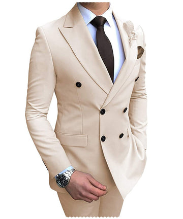 Beige Men's Suit 2 Pieces Double-Breasted Notch Lapel Flat Slim Fit Casual Tuxedos For Wedding(Blazer+Pants)