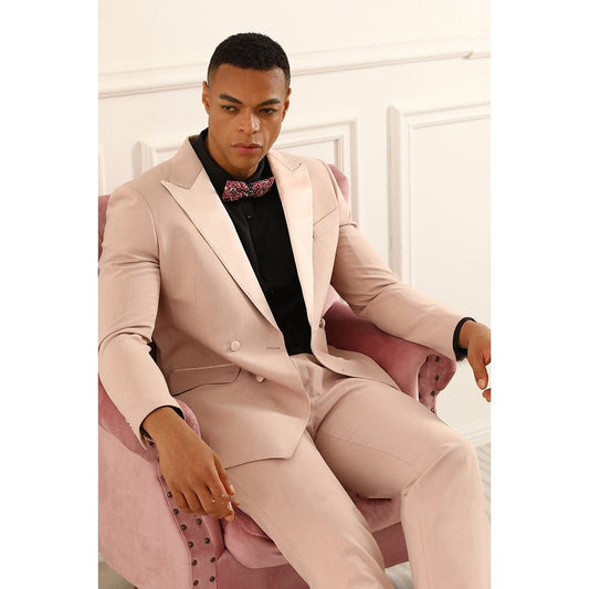 Pink Men Suits Slim Fit Peak Lapel Double Breasted 2 Pieces Tuxedos For Wedding Blazer Pants Costume Homme