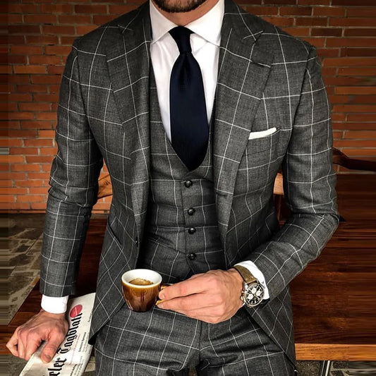 Plaid Men Suits Slim Fit Formal Business Blazer Wedding Groom Tuxedo Costume Homme British Plaid Suit