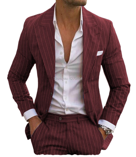 Men's Pinstripe Suits Two Pieces Pinstripe Tuxedos Slim Fit Peaked Lapel Groomsmen Suits For Wedding (Blazer+Pants)