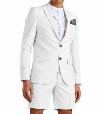 White Men Summer Suit Short Pant Casual Suits Two Pieces Tuxedo Groom Wedding Dress (Blazer+Trousers+Tie)