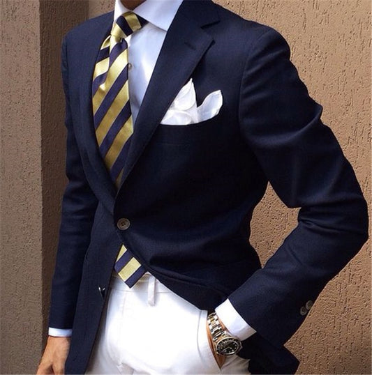 Costume bleu marine pour homme avec pantalon blanc, revers crantés, smoking pour homme, costume de mariage formel, chic, décontracté, business, homme terno