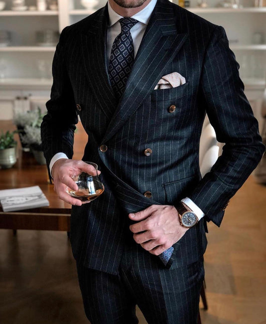 Black Stripe Men Suits Double Breasted Blazer Coat Pant Designs Slim Fit 2 Piece Tuxedos Custom Made Groom Prom Ternos
