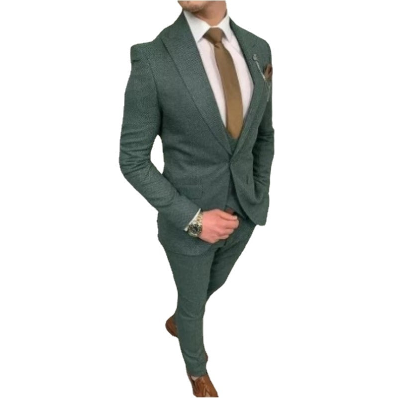 Green Bussines Wedding Tuxedos Tweed Two Button Peaked Lapel Men Suits Formal Wedding Groom Blazer Slim Fit 3 Pieces