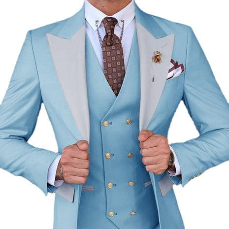 Light Blue Slim Fit Men Suits Grey Lapel Wedding Groom Tuxedos Terno Prom Slim Blazer Custom Made 3 Pcs
