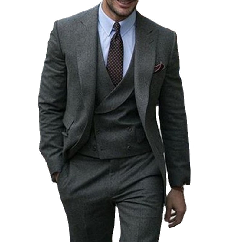Gray Woolen Tweed Causal Suits Wedding 3 piece Groom Tuxedo Man Clothes Set Jacket Vest with Pants