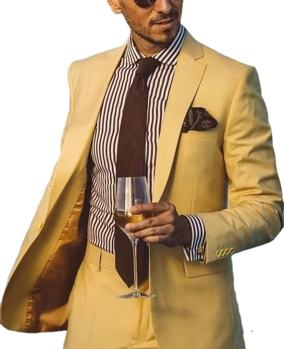 Yellow Notch Lapel Men Suits Slim Fit 2 Piece Custom Made Tuxedo Wedding Groom Prom Evening Blazer Masculino Slim Jacket+Pant