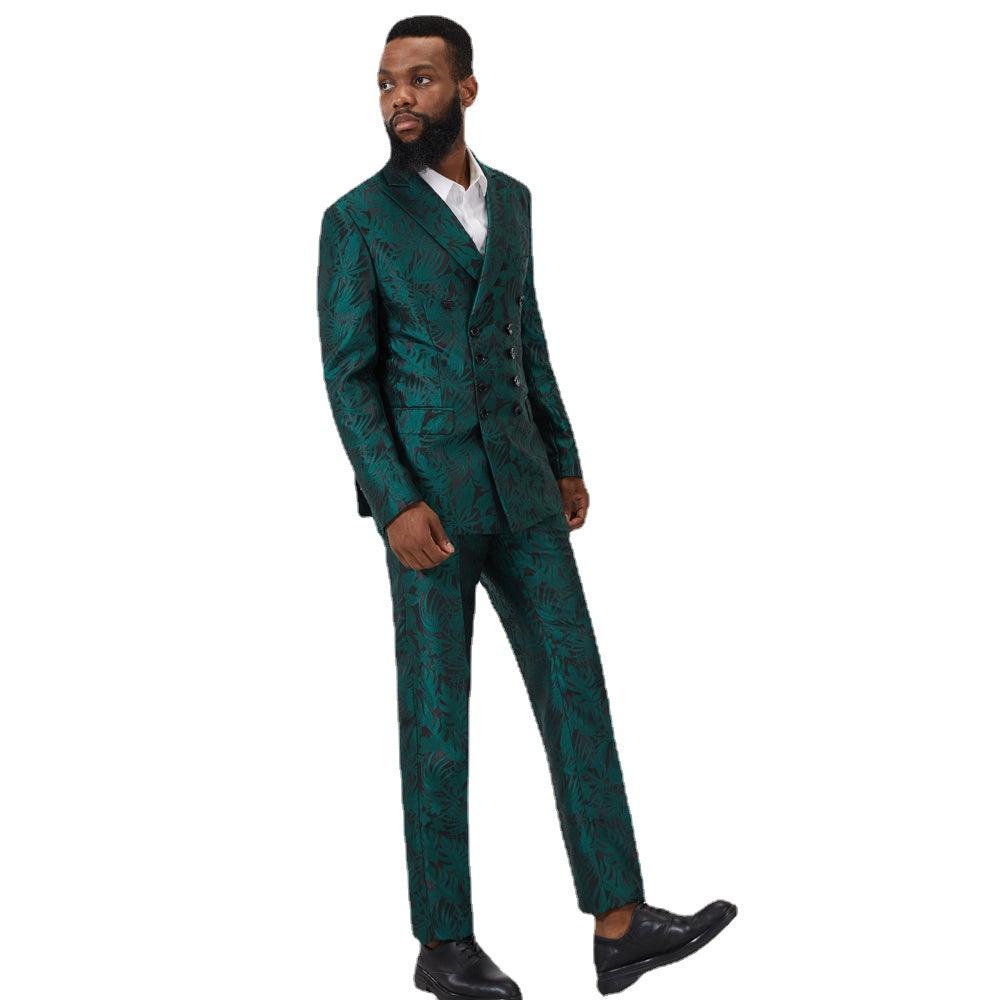 Men's Green Jacquard Double Row 10-button Suit Slim Fit Best Man Groom Wedding Tuxedo Winter Shawl Lapel Jacket Pants