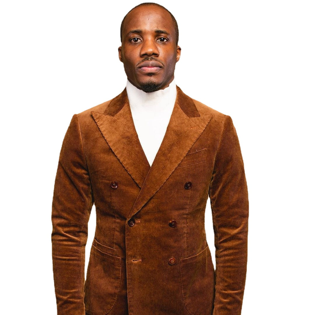 Double Breasted Blazer Men Groom'S Wedding Suit Corduroy Brown 2 Piece Slim Fit Custom Homme Dress(Jacket+Pants)