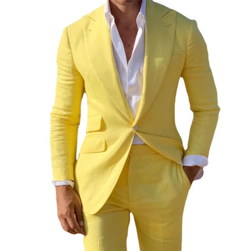 Yellow Linen Beach Men Suits Slim Fit 2 Piece Wedding Groom Tuxedo with Peaked Lapel Costume Blazer with Pants