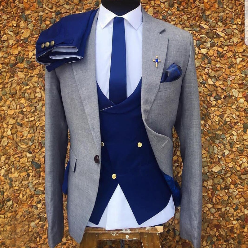 3 Piece Gray Formal Tuxedo Slim fit Custom Man Suits Set Jacket Royal Blue Vest with Pants  Costume