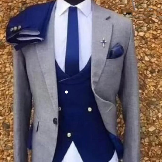 3 Piece Gray Formal Tuxedo Slim fit Custom Man Suits Set Jacket Royal Blue Vest with Pants  Costume