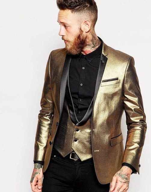 3 Piece Shiny Tuxedos Men's Slim Fit Gold Suits Lapel Cran Groom Tuxedos Bridesmaids Men's Wedding Suits Costume Homme Men Cloth