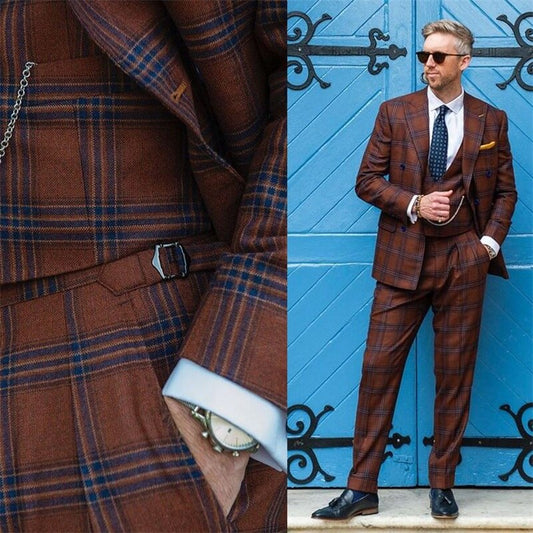 3 Pieces Spring Men Suits Brown Plaid Style Tuxedos Lapel Double Breast Formal Party Suits Custom Made