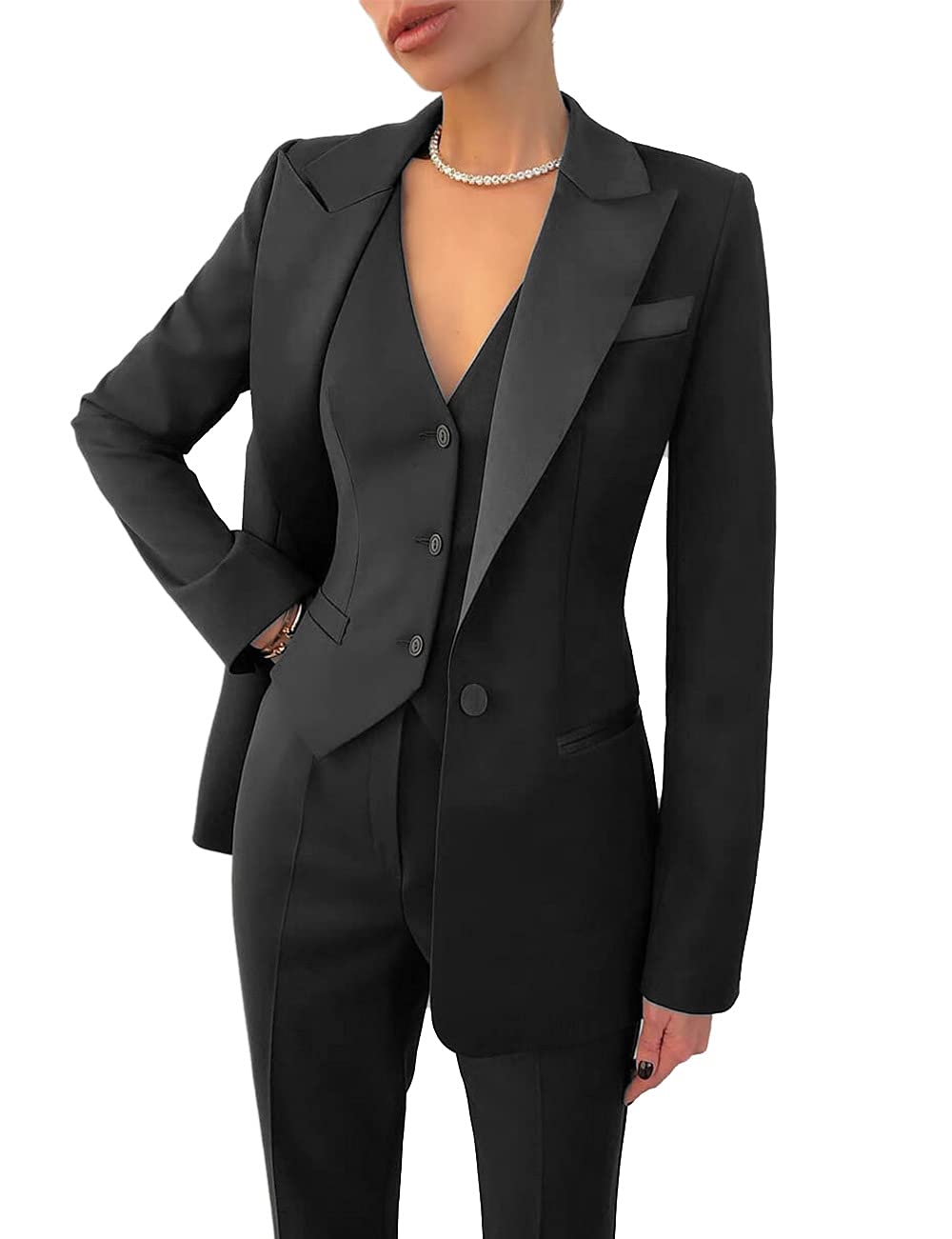 Traje de 3 piezas para mujer, blazer de solapa, chaqueta + chaleco + pantalón, hecho a medida, para oficina, formal, de un solo pecho, para fiesta y graduación.