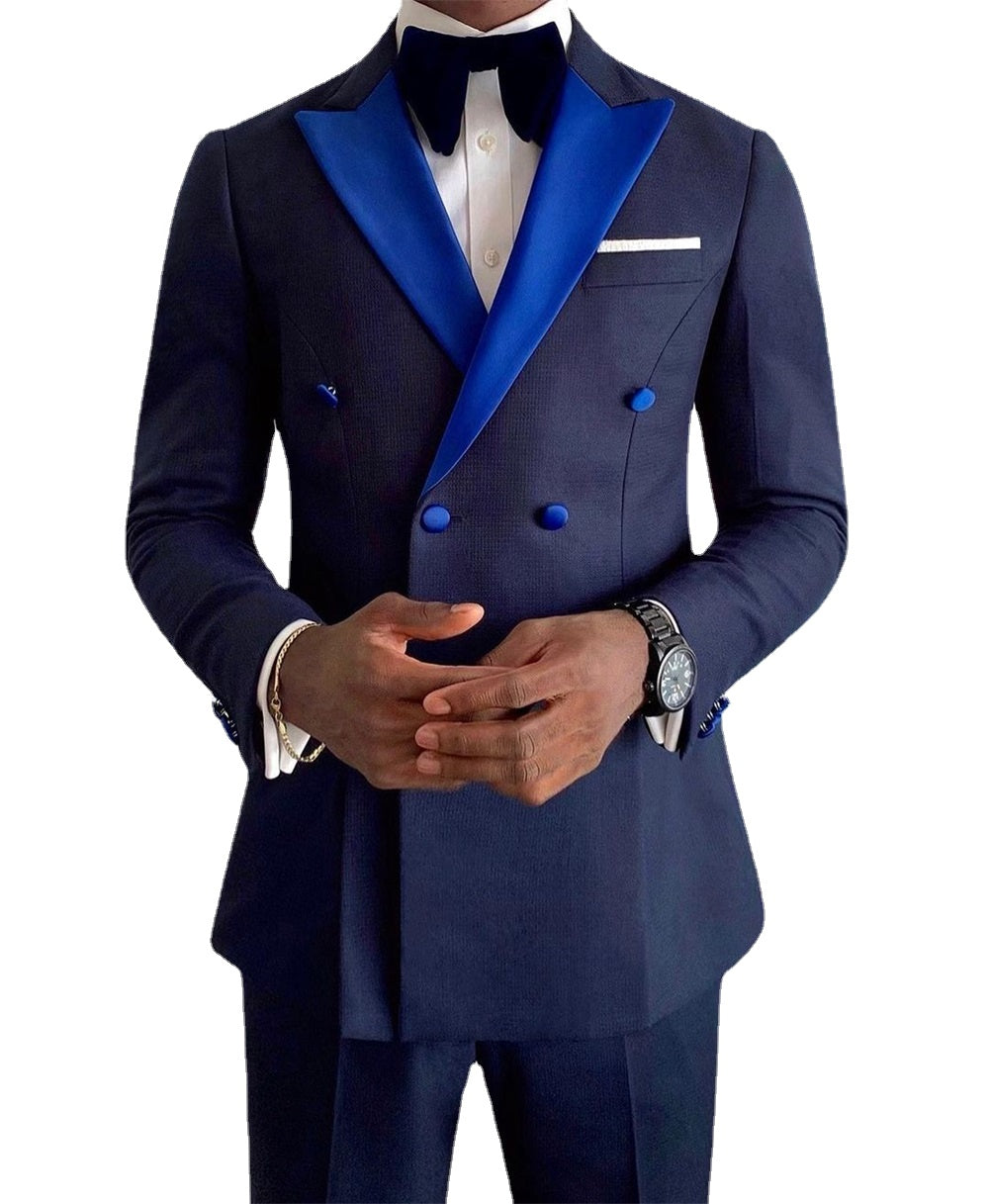 Men Suits Royal Blue And Navy Blue Custom Made Wedding Tuxedos 2 Pieces Double Breasted Party Prom Jacket Pant Sets