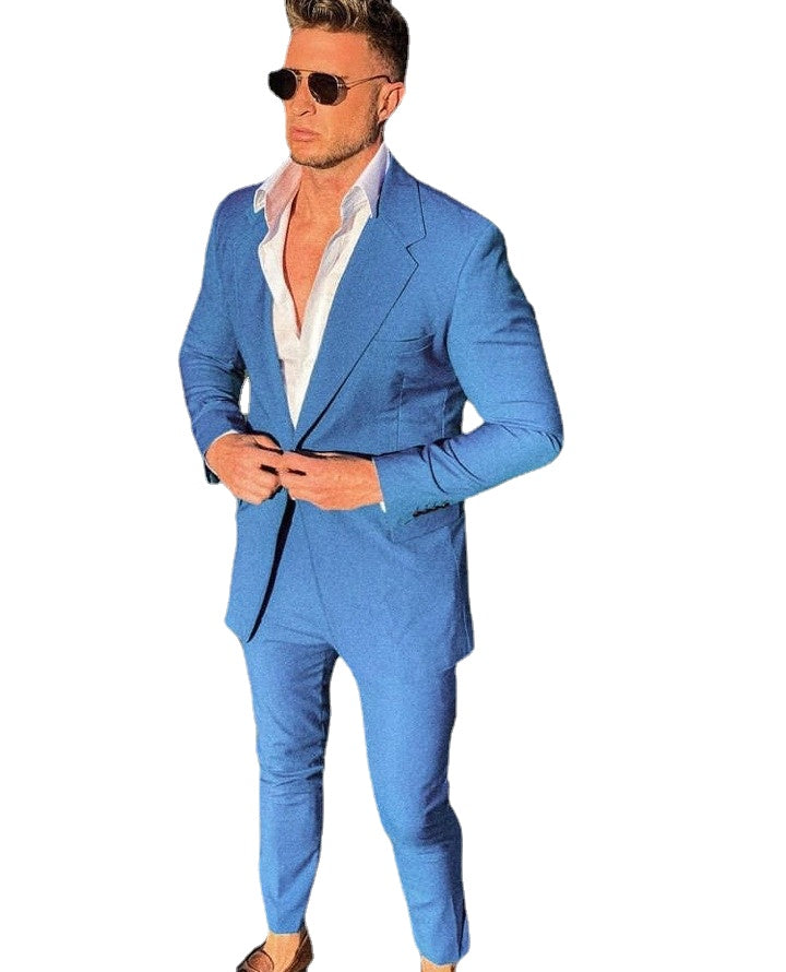 Britian Blue Notch Lapel Slim Fit Men Suits 2 Pcs Wedding Groom Tuxedo Terno Prom Blazer Jacket Pant